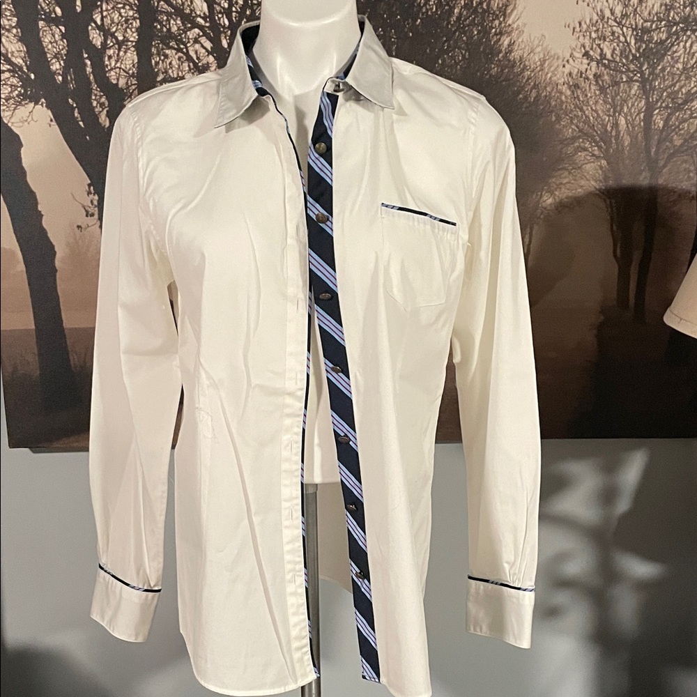 Brooks Brothers White Shirt with Black and Blue Stripes